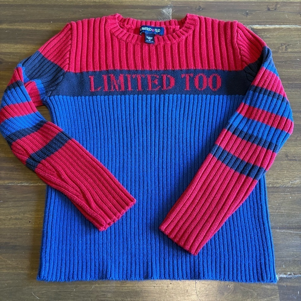 Vintage Y2K 90’s Limited Too Logo Sweater Stripe Knit Ribbed Academia Red Blue S